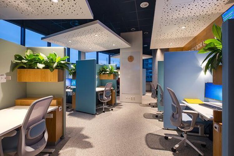 Open werkzone met akoestische plafondeilanden, ergonomische stoelen en planten – projectinrichting gericht op focus en comfort.